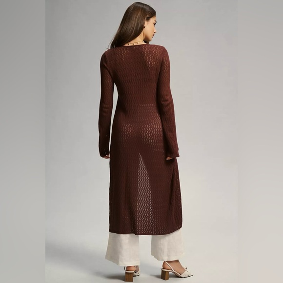 ANTHROPOLOGIE | PILCRO POINTELLE SWEATER DUSTER LONG CARIDGAN IN BROWN MEDIUM - Picture 3 of 10